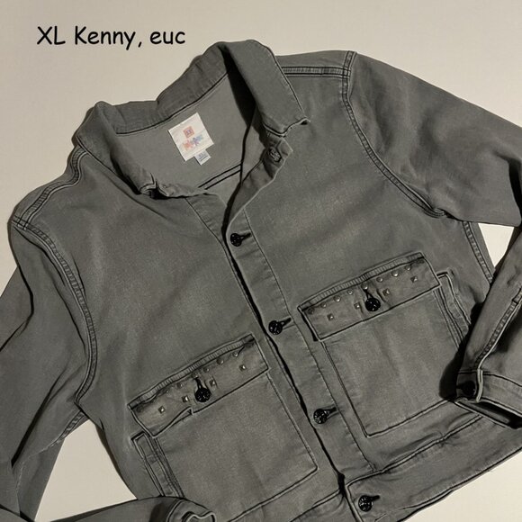 XL Lularoe Kenny jean jacket, grey with studs and tiger patch - Picture 1 of 4